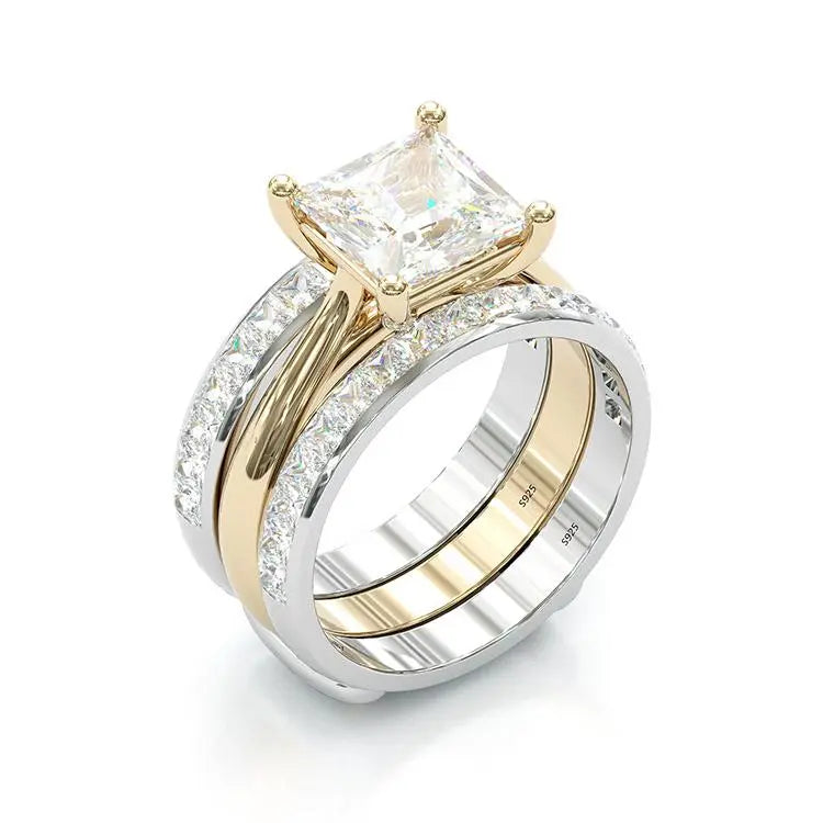 Zeitloses Prinzessinnen-Schliff-Brautring-Set – Gold & Sterlingsilber