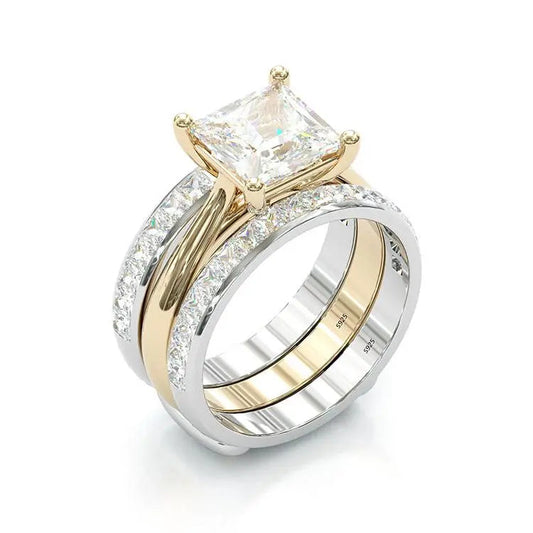 Zeitloses Prinzessinnen-Schliff-Brautring-Set – Gold & Sterlingsilber